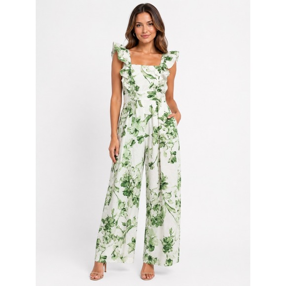 Taylor Pants - Taylor Green Floral Wide Leg Jumpsuit Ruffle Strap Cotton Womens Size Medium